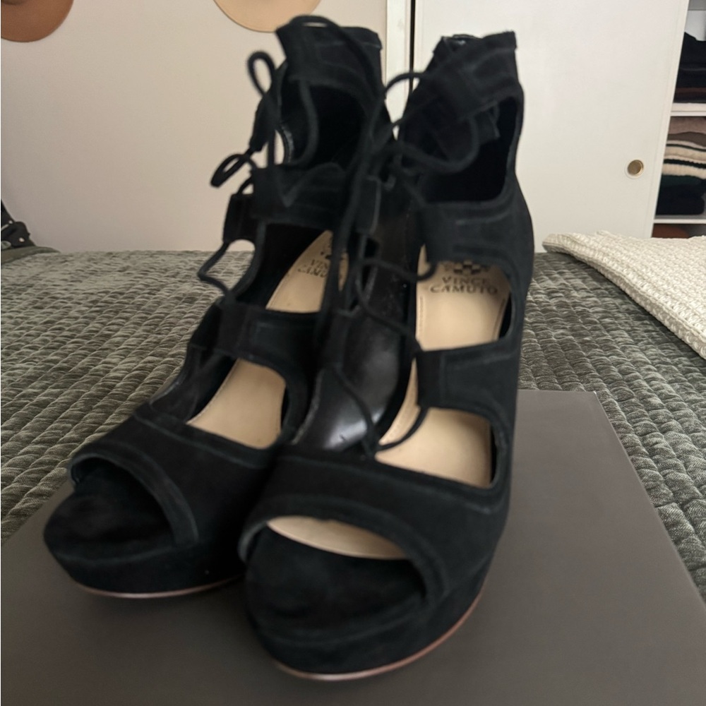Vince Camuto Black Suede Lace-Up Heels - Picture 2 of 9